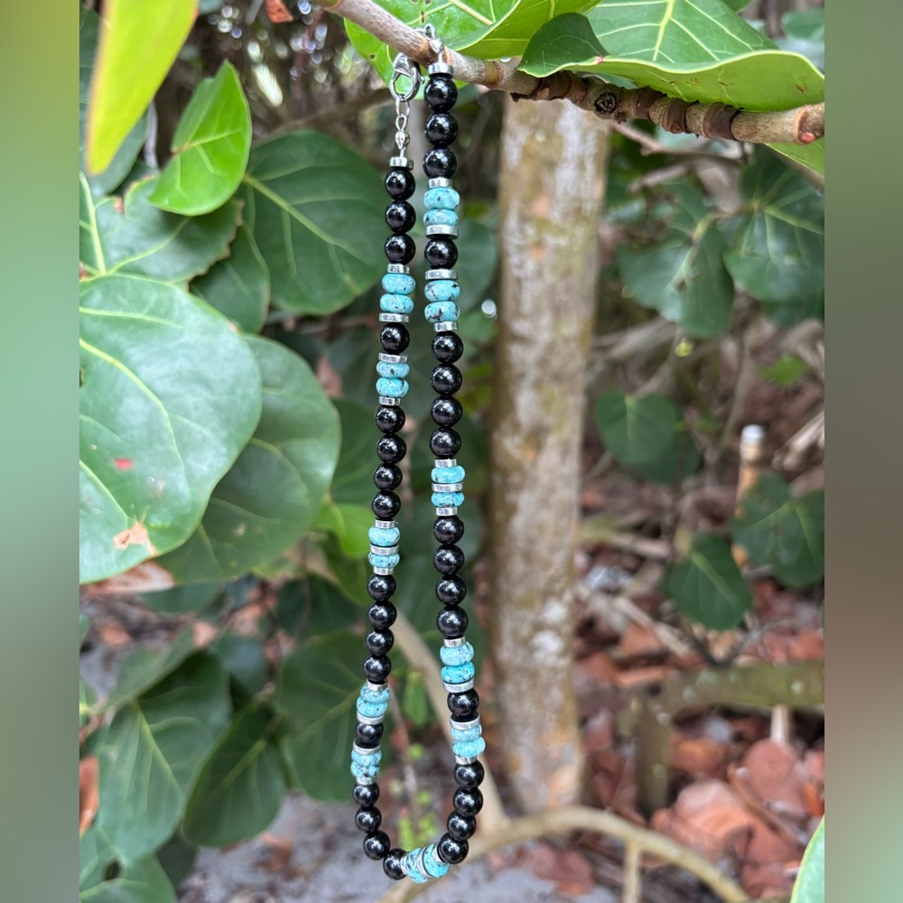 Elegant Handmade 18” Black Onyx and Snow Jasper Turquoise Beaded Necklace